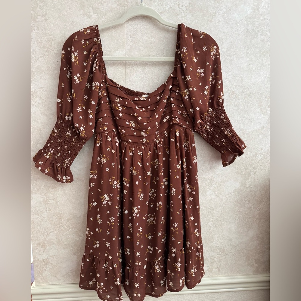 Brown floral long sleeve mini dress